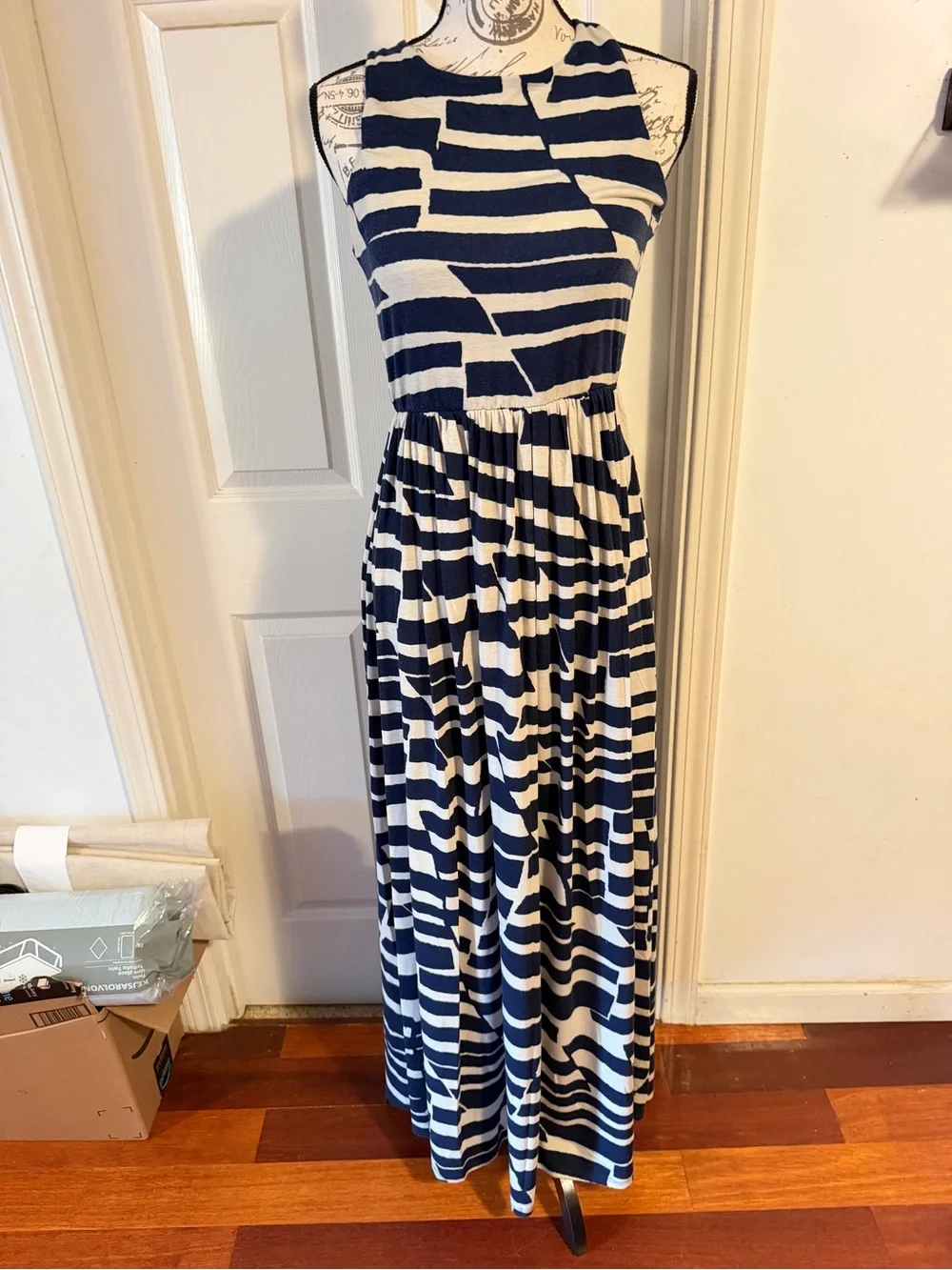 Anthropologie Navy and White Geometric Stripe Maxi Dress